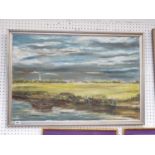 Framed Oil on canvas of a scene towards St Ives from the Ouse by Denny Gaudin, 75 x 50cm