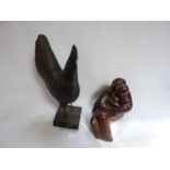 Studio Pottery glazed figure of a couple embracing and a 20thC Model of a Hen