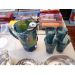 American Blue Carnival glass Vine decorated drinks Jug and 4 matching beakers