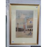 Framed watercolour of Doges Palace Venice scene signed Minorini, 25 x 39cm