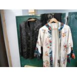 Chinese silk embroidered Kimono with figural and floral decoration, Black Silk Jacket with leaf