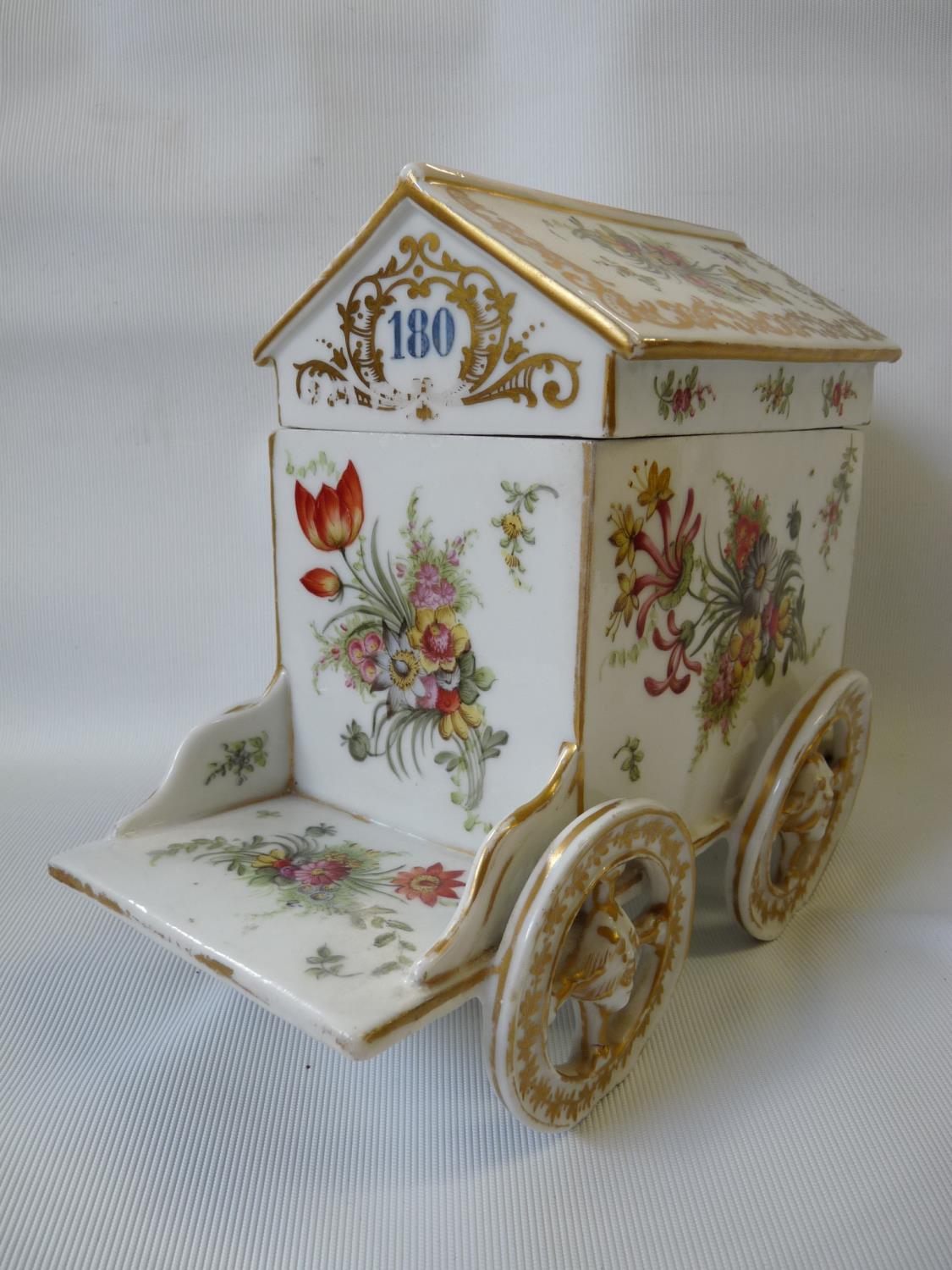 19thC Samson Porcelain model of a Bathing Machine with floral and gilt detail marked 180 with