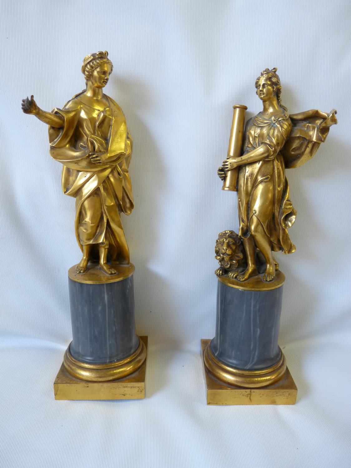 Pair of Italian Early 18thC Gilded Bronze figures of Comedia & Fortaleza mounted on grey Italian