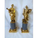 Pair of Italian Early 18thC Gilded Bronze figures of Comedia & Fortaleza mounted on grey Italian