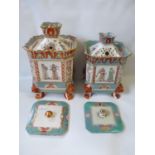 2 Early 19thC Masons Ironstone Potpourri vases polychrome painted with gilt highlights, pagoda-