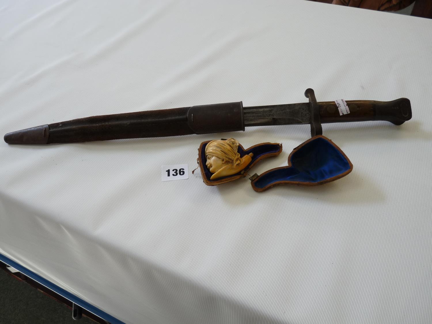 Boer War Bayonet with scabbard stamped EFD and a Cased Meerschaum pipe depicting a Egyptian man