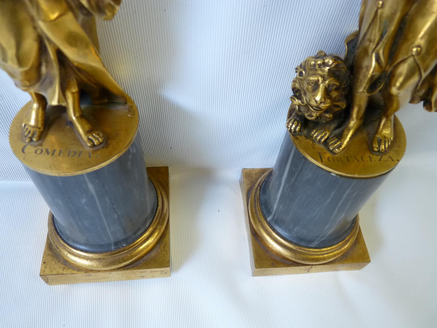 Pair of Italian Early 18thC Gilded Bronze figures of Comedia & Fortaleza mounted on grey Italian - Image 2 of 2