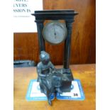 19thC Barometer mounted on Bronze plinth supports above Spelter mounted girl. 25cm in Height.