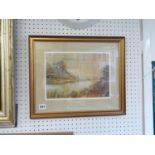 Framed Late 19thC Watercolour of a river scene with men punting, unsigned