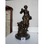 Cast Bronze of a Girl collecting Wheat on naturalist base, mounted on Marble, signed L & F. 29cm