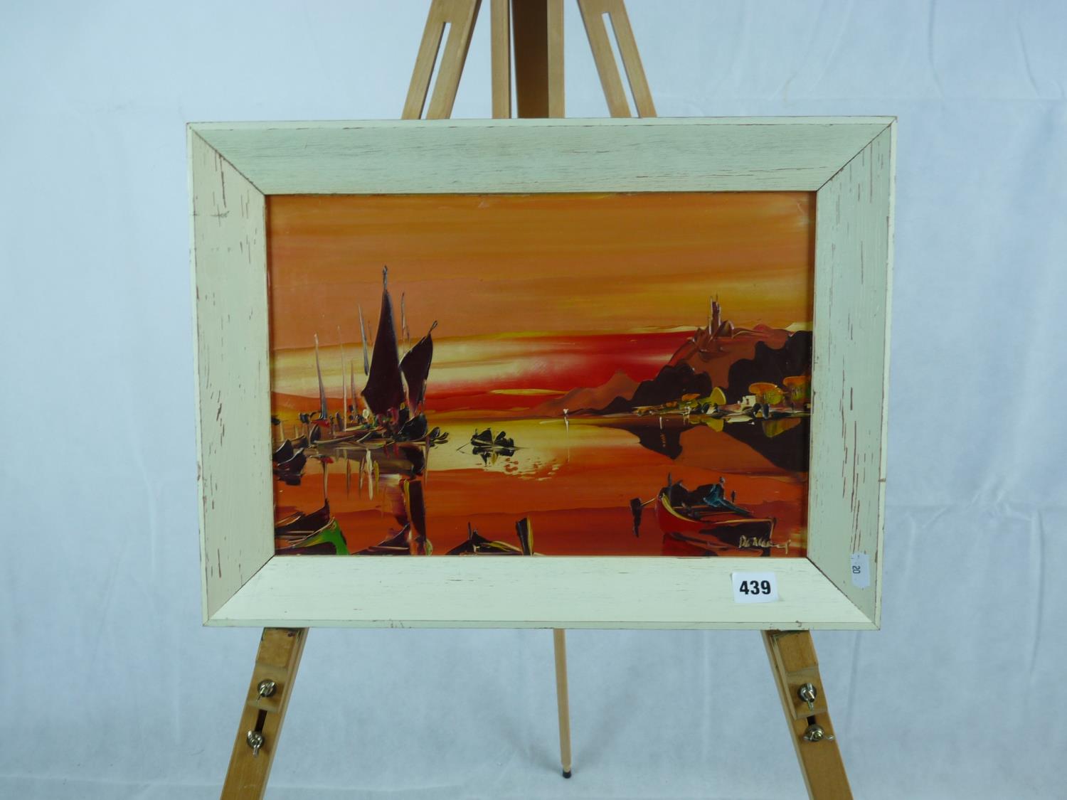 Interesting Framed Oil on board of a Sunset Harbour by George R Deakins in the Style of Cecil