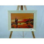 Interesting Framed Oil on board of a Sunset Harbour by George R Deakins in the Style of Cecil
