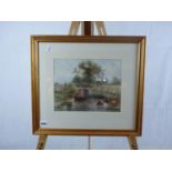 R Austin RA, Watercolour of a Countryside bridge crossing river with Cattle in foreground, signed to