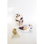 Royal Crown Derby Owl Paperweight, Goebel Owl on a branch and a Art Pottery Owl money box