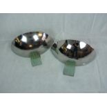 Pair of Bauhaus Style Chrome wall up lights of half moon shape with panelled glass decoration