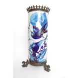 19thC Creil et Montereau Blue bird decorated cylindrical vase mounted on Trefoil dragon supports.