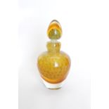 Interesting Late 20thC Monart constant bubble Amber glass scent bottle with stopper. 18cm in Height