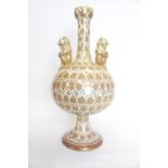 19thC Italian Lustre Cantigalli Leaf decorated Vase with applied Lion Handles, some chipping to