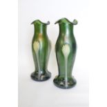 Pair of Art Nouveau Loetz style green flared vases with applied Opaque decoration,. 22cm in Height