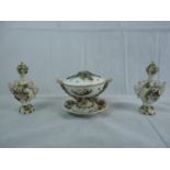 Early 19thC European floral decorated tureen on stand with figural bust handles and insect