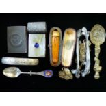 Collection of assorted Bijoux Items inc. a Pair of Silver plated Fish Knife rests, Cheroot Holder,