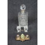 Good quality 20thC Cut Crystal decanter with Silver collar, Pair of Squat Swarovski candlesticks and