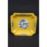 Qing Dynasty Yellow ground Chinese octagonal bowl with figural panel and fish decoration, Red 4