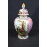 Large Late 19thC European lidded vase decorated with figural & foliate panels with pink ground,