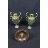 Pair of Large Brass Persian vases with Cobra design handles, engraved with battle scenes and