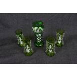 Collection of 19thC Green Mary Gregory style vases with figural and floral decoration. Condition -