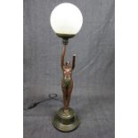 Good quality Reproduction Art Deco Nude table lamp of globe crackle glass shade, 66cm in height