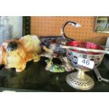 An Italian pottery bird group, dog, plated and glass sugar bowl and a glass swan dish