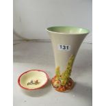 A Clarice Cliff My Garden vase and a small dish transfer printed two children playing tennis