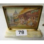 A French mantel clock 'Idylle au Village' scene of tavern and village clock with dial on onyx base