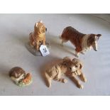 Three Royal Doulton dogs and Beswick owl.