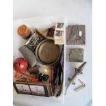 Two printing blocks, pens, scissors and other interesting items