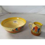 A Clarice Cliff crocus pattern bowl and jug, and a Susie Cooper small two section dish