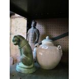 A terracotta warrior model, celadon style pot and bronze style cat