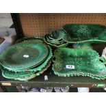 Various Victorian green pottery leaf plates and a small group of other plates