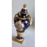 A Royal Worcester blue lidded vase of floral design and gilt embellishments (Knop and stem a/f),