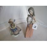 A Lladro figure girl with hat and another girl with basket of flowers