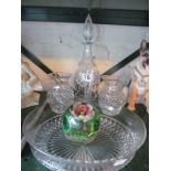 A cut glass decanter, paperweight and other glass