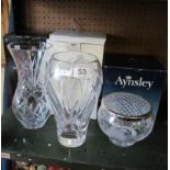 An Aynsley glass rose bowl and two glass vases (all boxed).