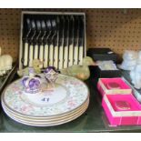 Four Royal Doulton plates (seconds), six fish knives and forks (boxed), three trinket boxes, two