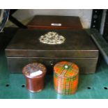 A Mauchlin ware string box, Tunbridge ware box and two other boxes