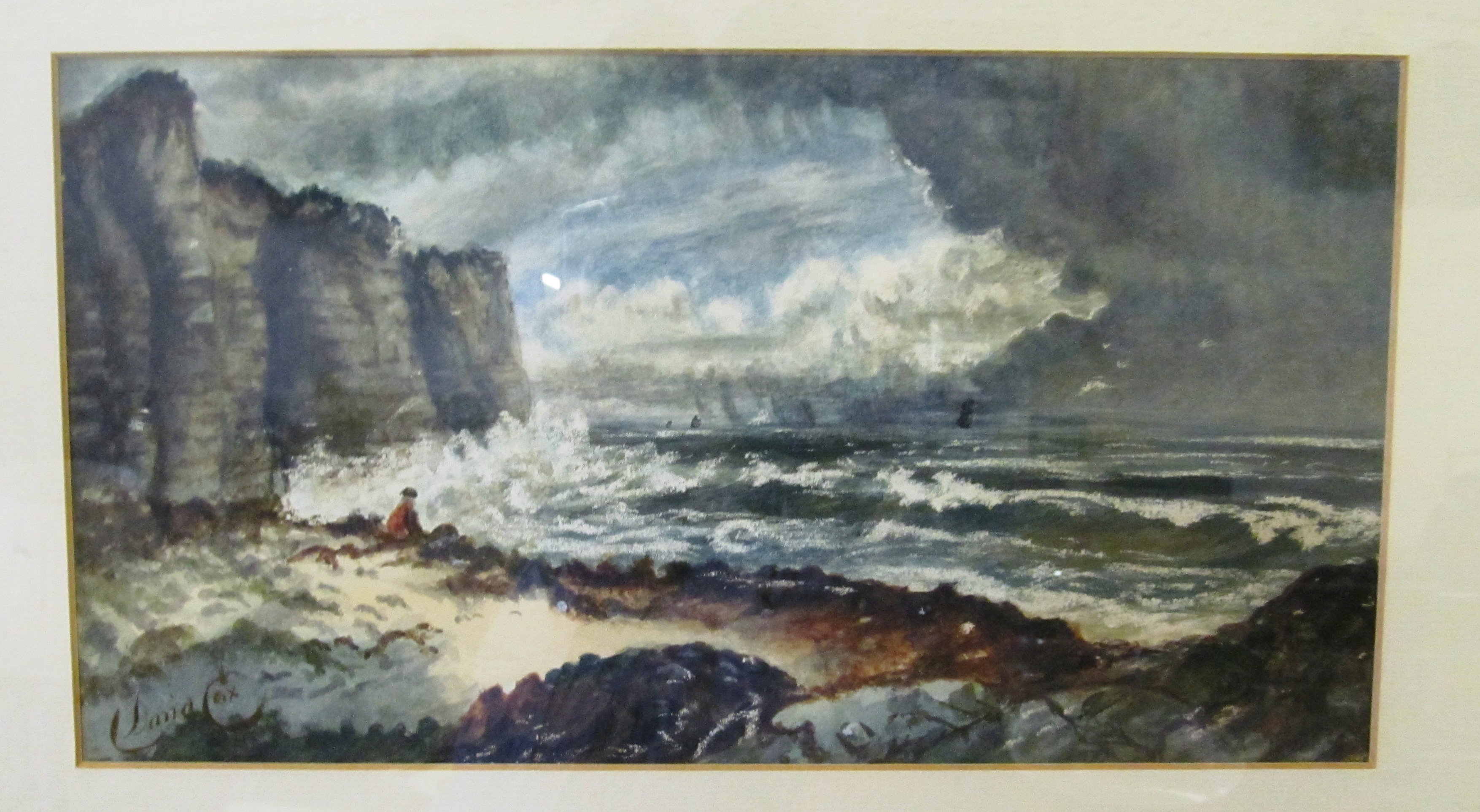 In the style of David Cox - 19th Century watercolour seascape with figure signed, in gilt frame.