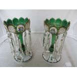 A pair of Bohemian green glass lustres with enamel decoration (1a/f)