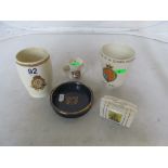 Two Coronation beakers, dish and two crested items