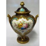 A Royal Crown Derby lidded vase royal blue and turquoise with reserve of flowers signed Leroy (