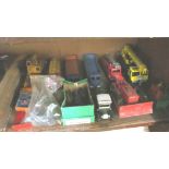 A Dinky fire engine, two Fodens, Bulldozer, Shell fuel tanker, forklift, mobile crane, Brittains